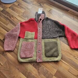 WYP Waste Yarn Project Sweater Cardigan Small 100% Wool Colorblock Pockets